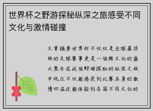 世界杯之野游探秘纵深之旅感受不同文化与激情碰撞