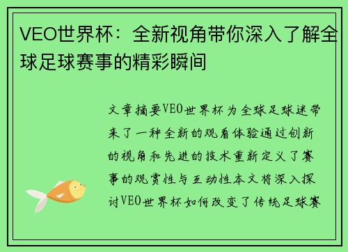 VEO世界杯：全新视角带你深入了解全球足球赛事的精彩瞬间