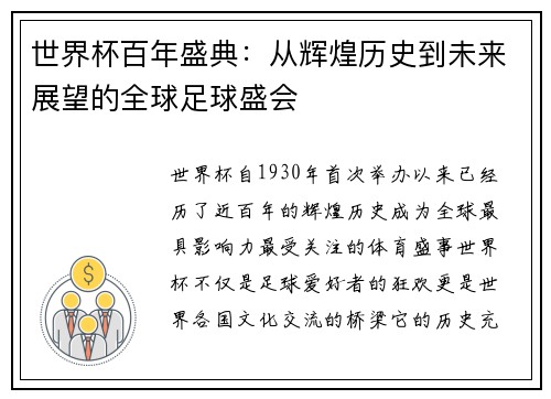 世界杯百年盛典：从辉煌历史到未来展望的全球足球盛会