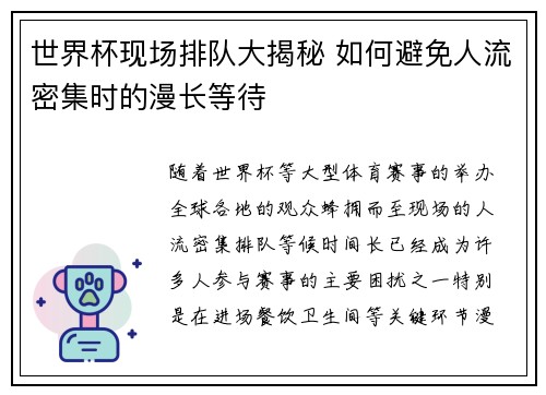 世界杯现场排队大揭秘 如何避免人流密集时的漫长等待