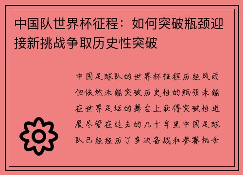 中国队世界杯征程：如何突破瓶颈迎接新挑战争取历史性突破