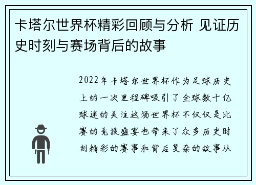 卡塔尔世界杯精彩回顾与分析 见证历史时刻与赛场背后的故事
