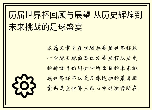 历届世界杯回顾与展望 从历史辉煌到未来挑战的足球盛宴