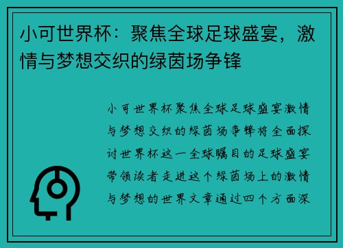 小可世界杯：聚焦全球足球盛宴，激情与梦想交织的绿茵场争锋